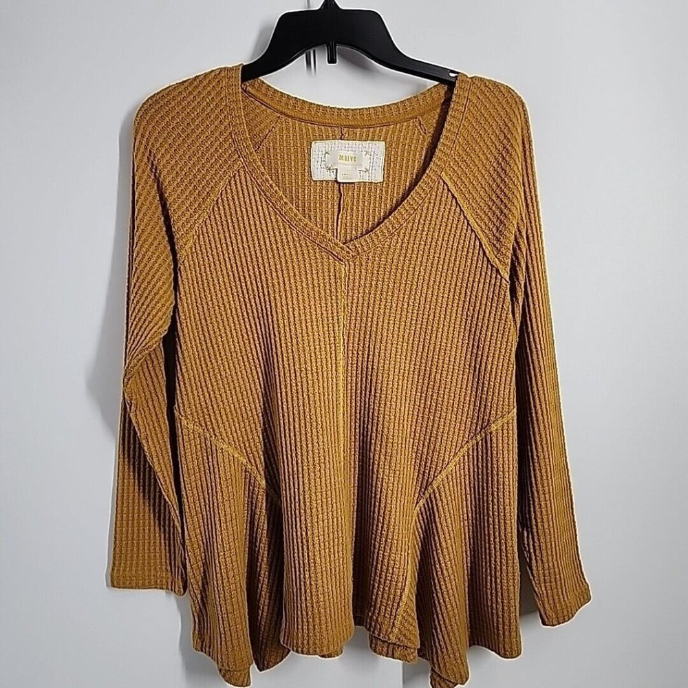 Maeve Anthropologie Size Small Waffle Knit Long Sleeve Top vneck thermal mustard